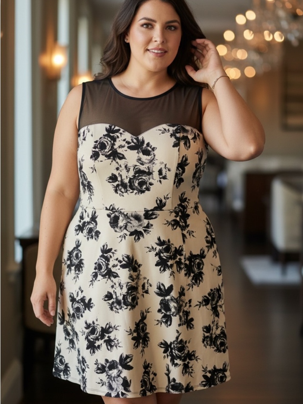 Trixxi Cream Mini Dress with Black Floral Print and Sheer Yoke